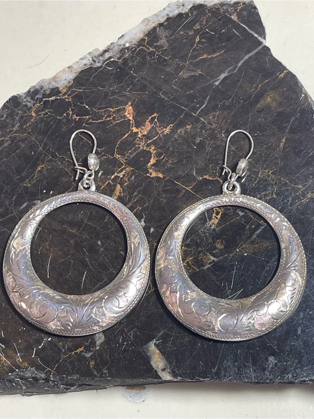 Sterling Silver 1.25” double-sided Etched Hoop Dangle Earrings